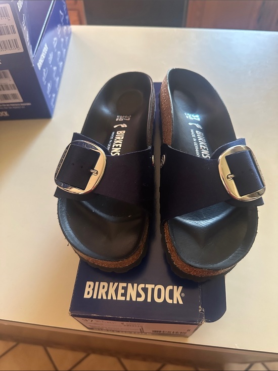 Birkenstock Shoes - Birkenstock Navy  Single Strap Slides with Silver Buckle PRICED AS MARKED
